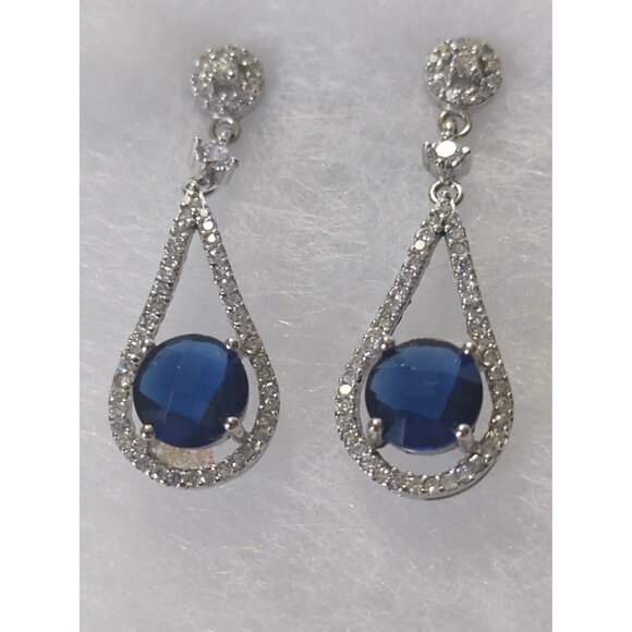 Women's Sterling Silver Blue Sapphire & Cubic Zirconia Bridal Earrings NEW - Picture 5 of 13